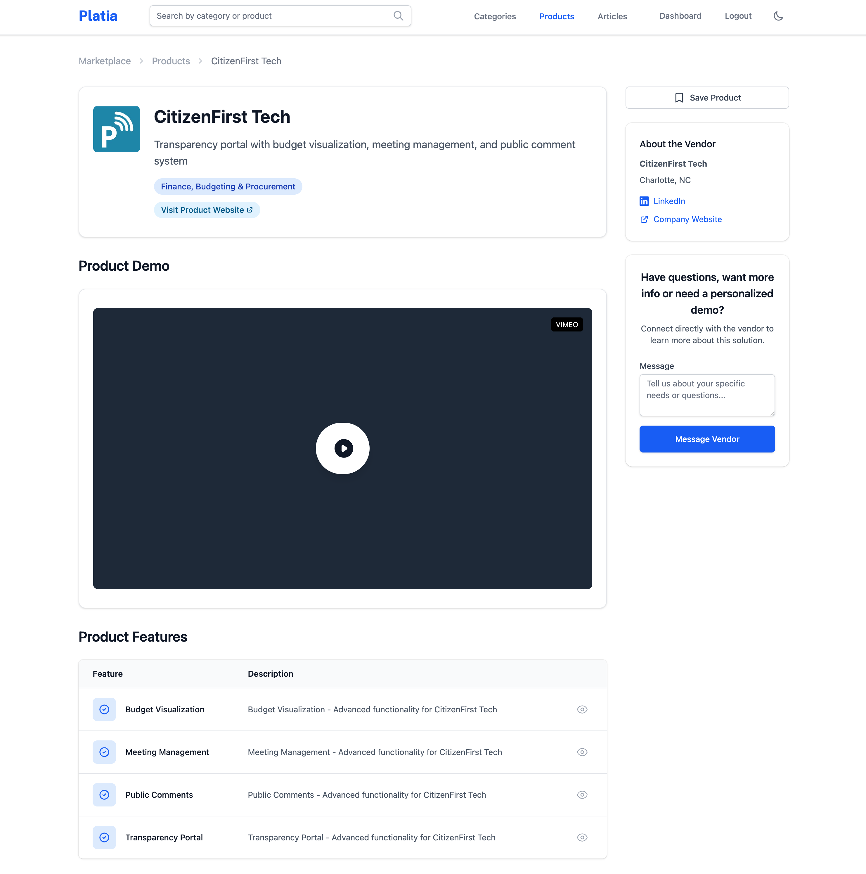 Platia vendor dashboard screenshot